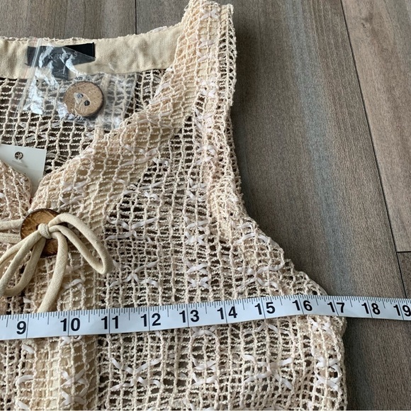 NWT Kaktus mesh crochet button up sleeveless top boho Lagen look beige large - Picture 4 of 7